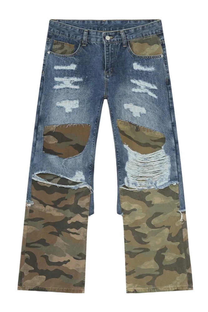 Distressed Camouflage Patchwork Jeans